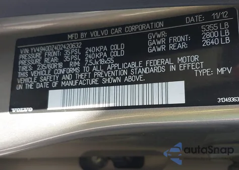 2013 Volvo Xc60 3.2 Premier z USA, uszkodzony, nr VIN YV4940DZ4D2420632